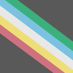 A charcoal grey flag bisected diagonally from the top left corner to the lower right right corner by five parallel stripes in red, pale gold, pale grey, light blue, and green
